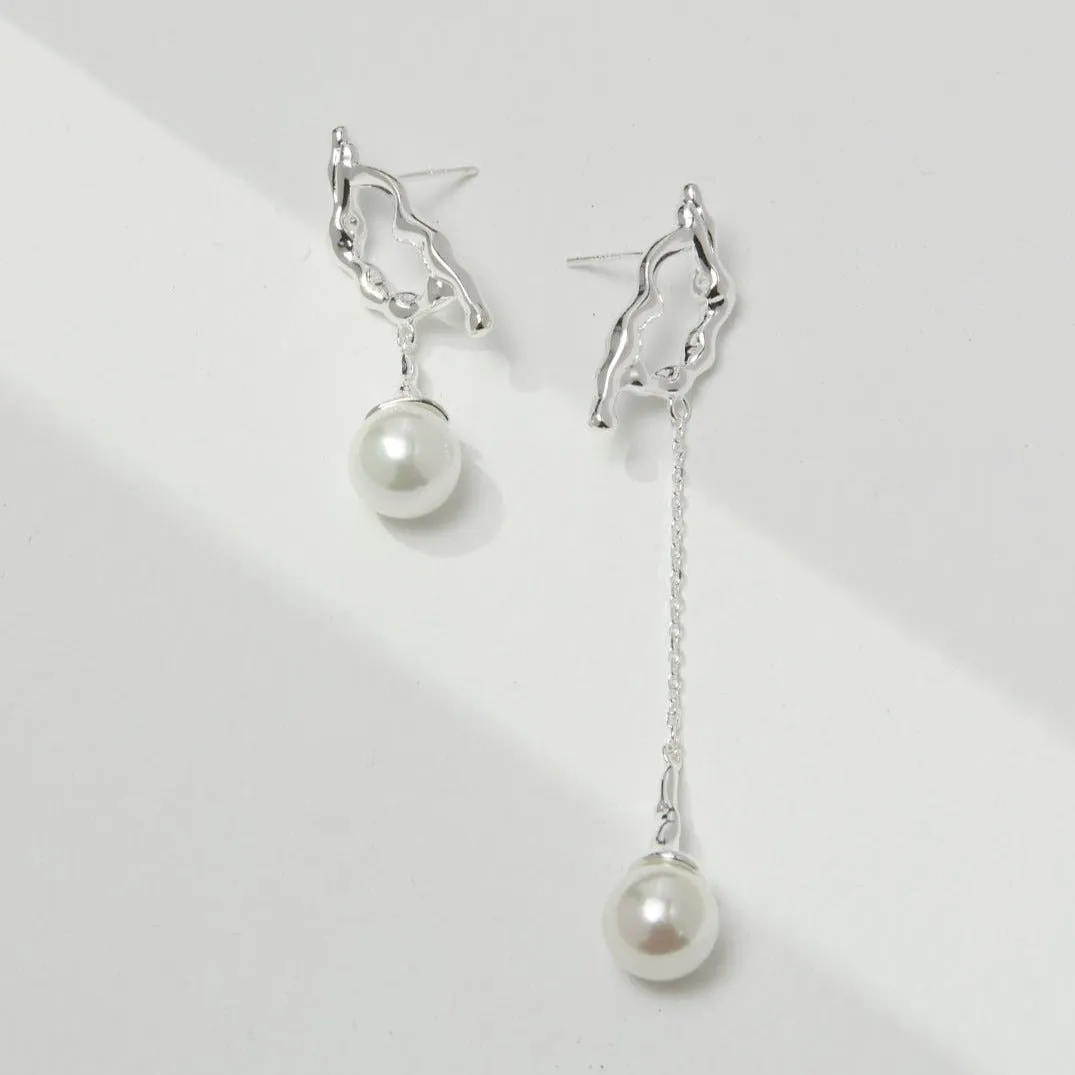 10MM Round Pearl Asymmetric Long Earrings