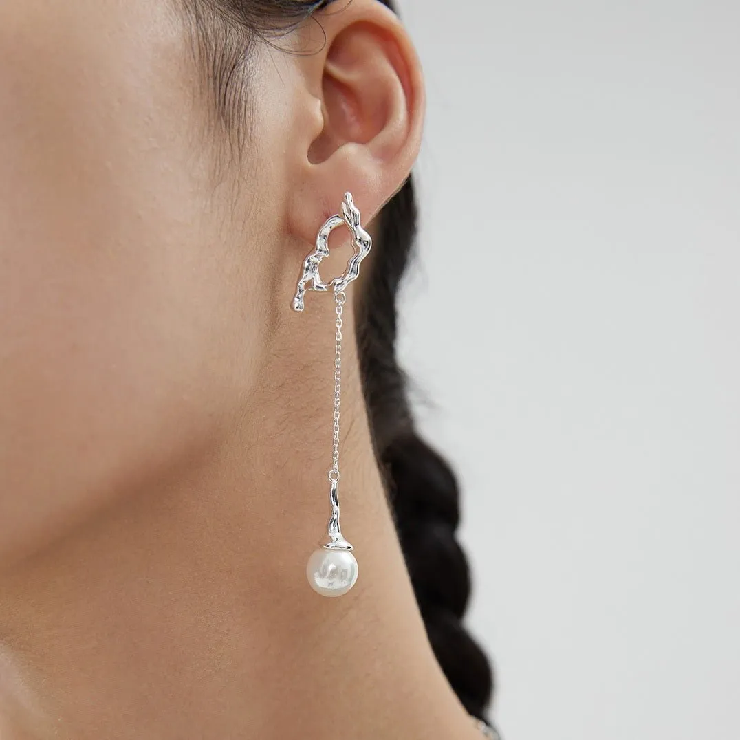 10MM Round Pearl Asymmetric Long Earrings