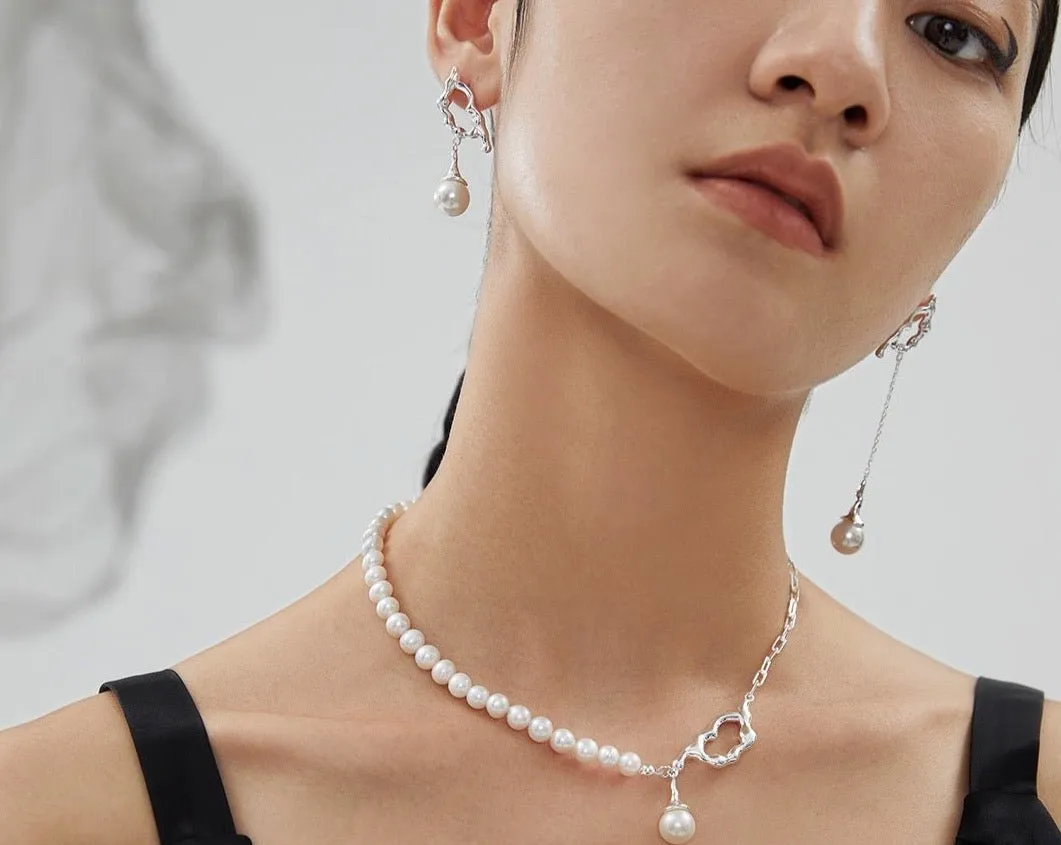 10MM Round Pearl Asymmetric Long Earrings