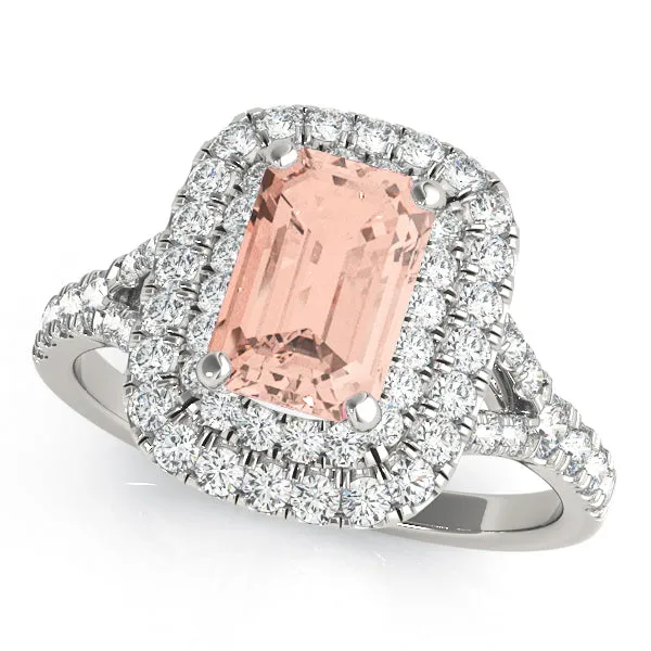 14K Emerald Cut Halo Double Row Engagement Ring