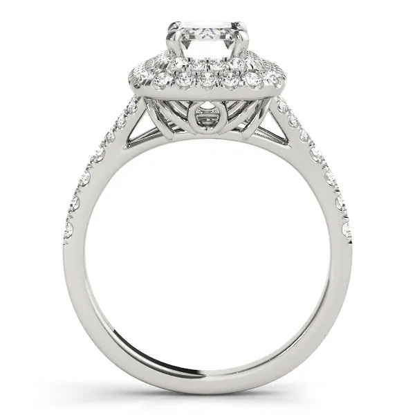 14K Emerald Cut Halo Double Row Engagement Ring