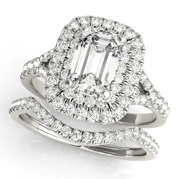 14K Emerald Cut Halo Double Row Engagement Ring