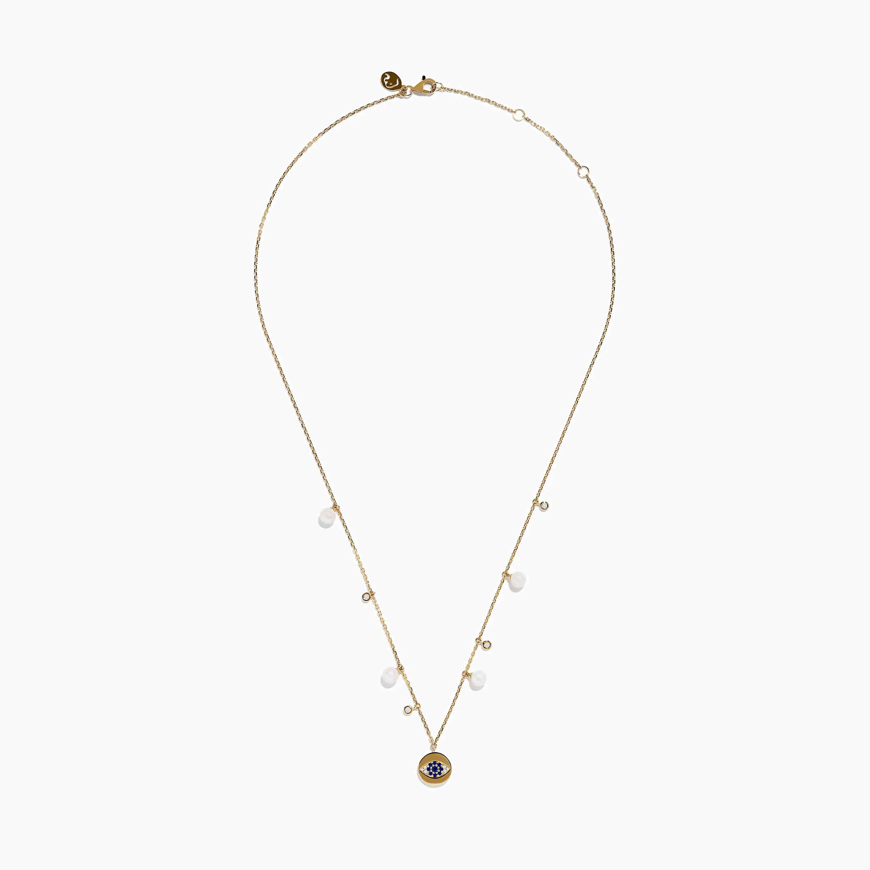 14K Gold Fresh Water Pearl, Sapphire and Diamond Evil Eye Necklace
