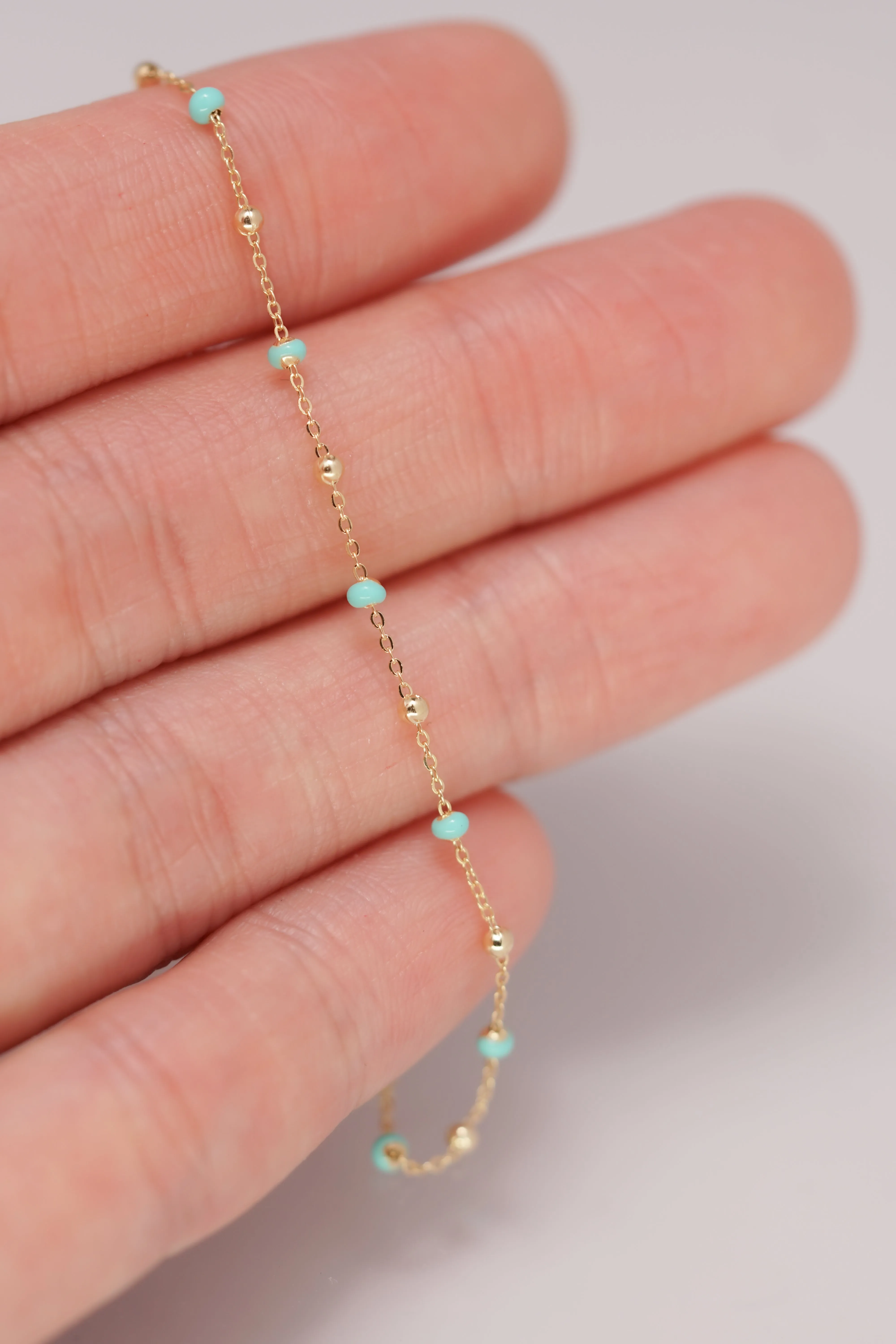 14K Gold Mint Turquoise Blue Epoxy Beads Ball Chain Linked Bracelet