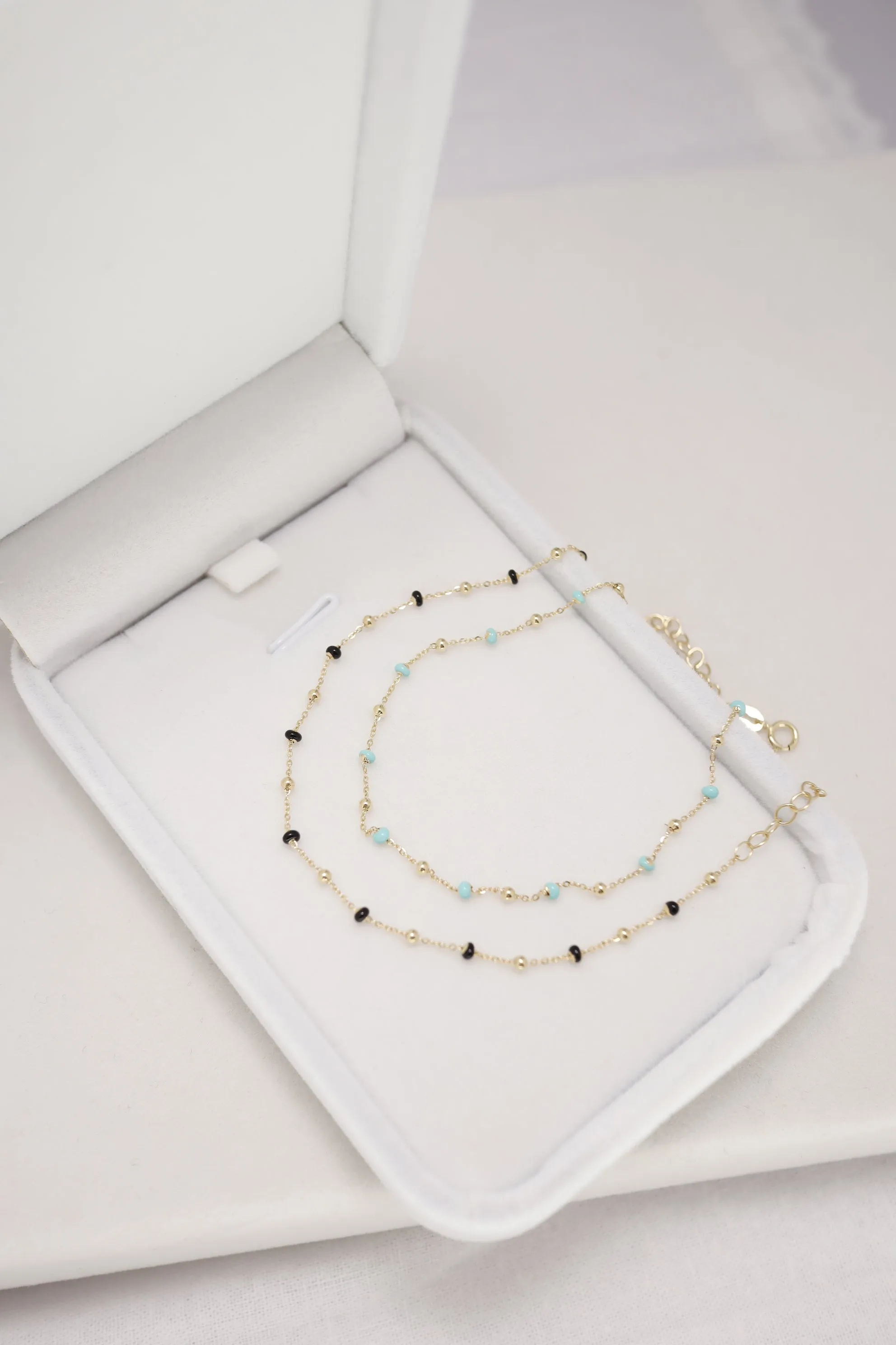 14K Gold Mint Turquoise Blue Epoxy Beads Ball Chain Linked Bracelet
