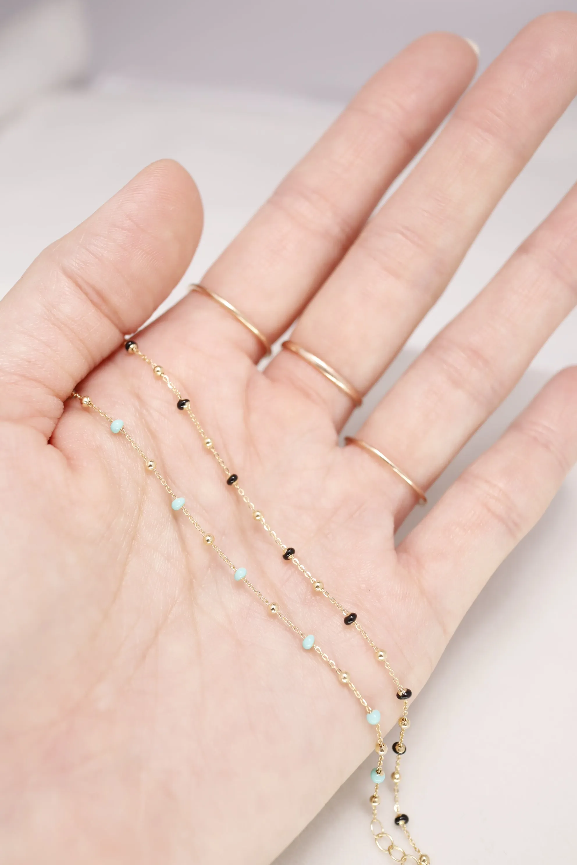 14K Gold Mint Turquoise Blue Epoxy Beads Ball Chain Linked Bracelet