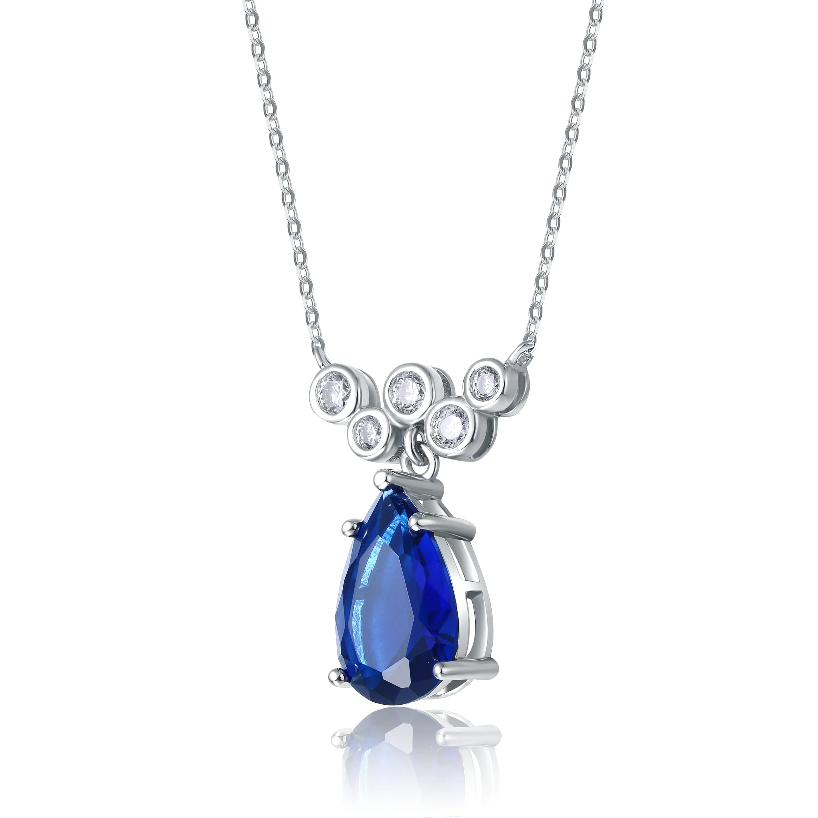 14k Gold Plated Sterling Silver With Blue Sapphire & Diamond Cubic Zirconia Bubble Chevron Raindrop Necklace