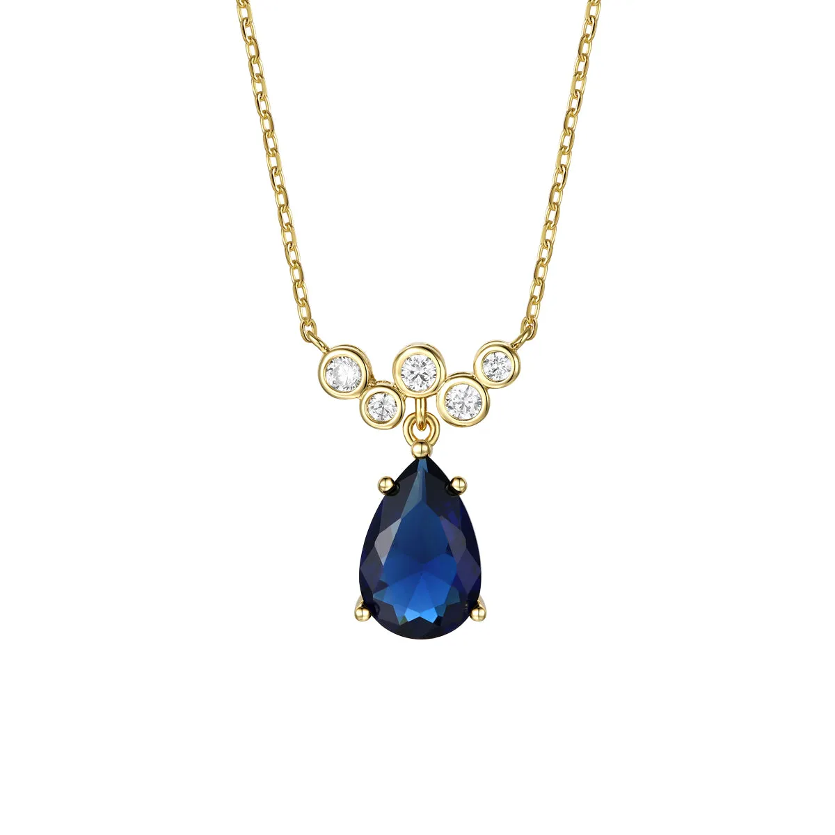 14k Gold Plated Sterling Silver With Blue Sapphire & Diamond Cubic Zirconia Bubble Chevron Raindrop Necklace