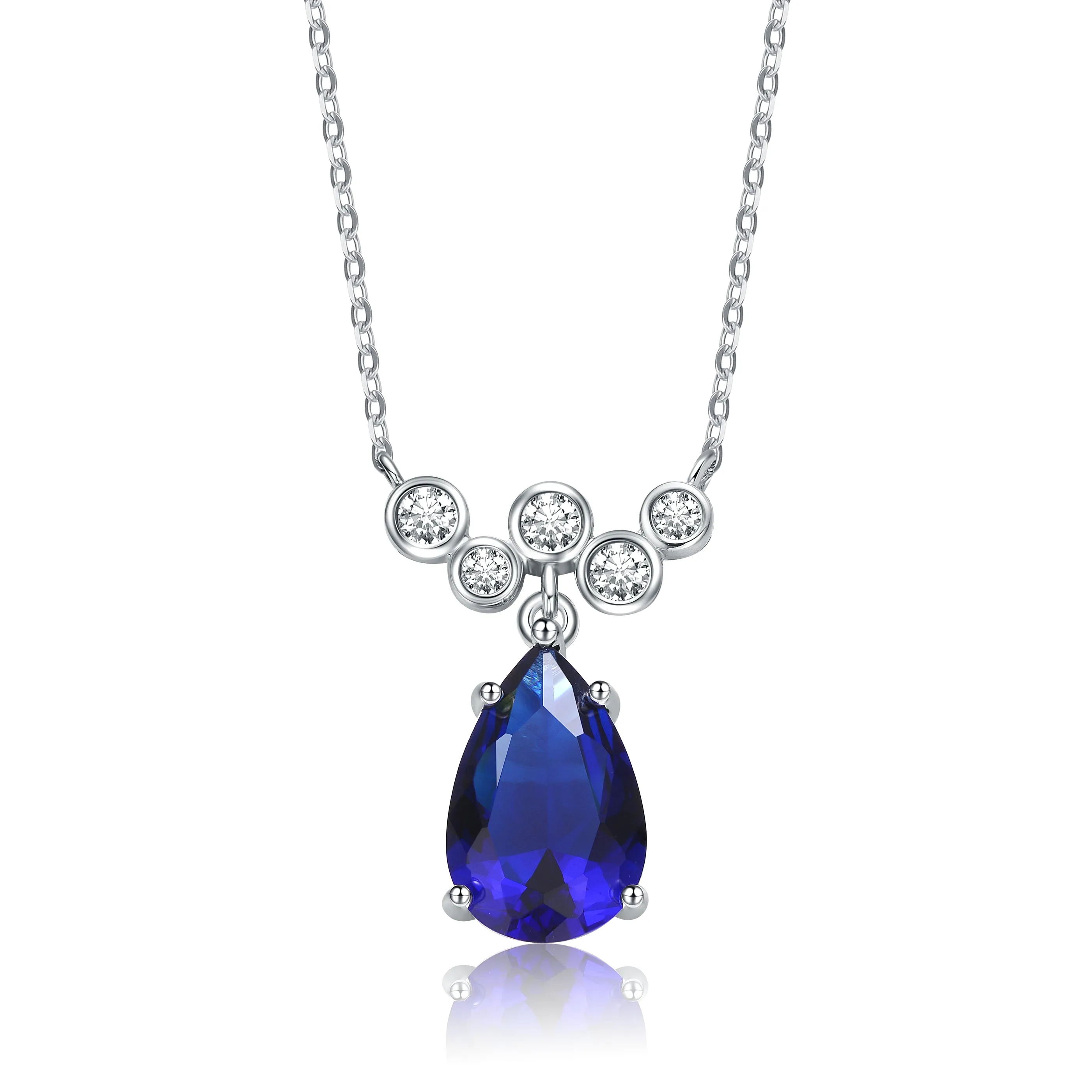 14k Gold Plated Sterling Silver With Blue Sapphire & Diamond Cubic Zirconia Bubble Chevron Raindrop Necklace