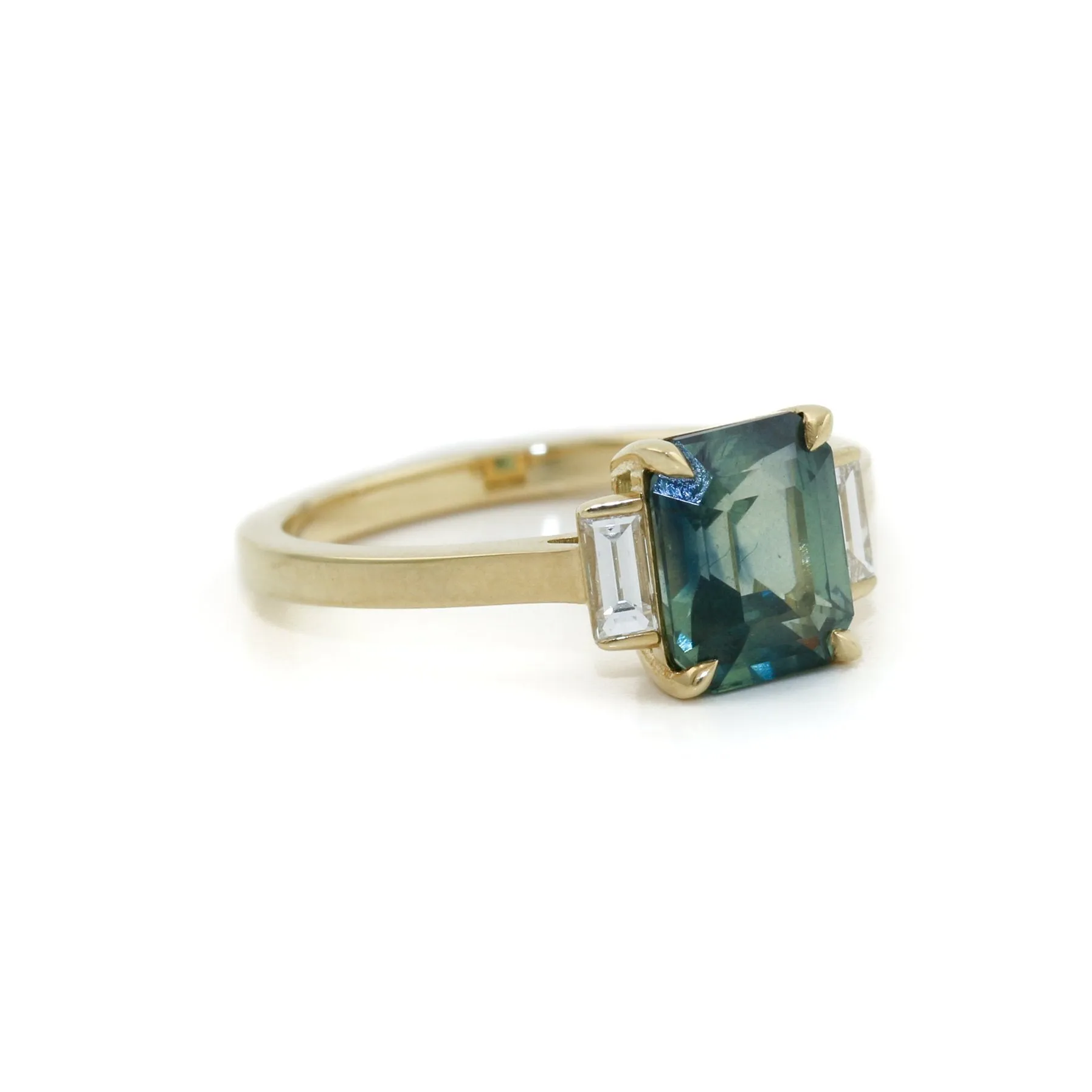 14k Gold x Teal Madagascan Sapphire & Baguette Diamond Ring