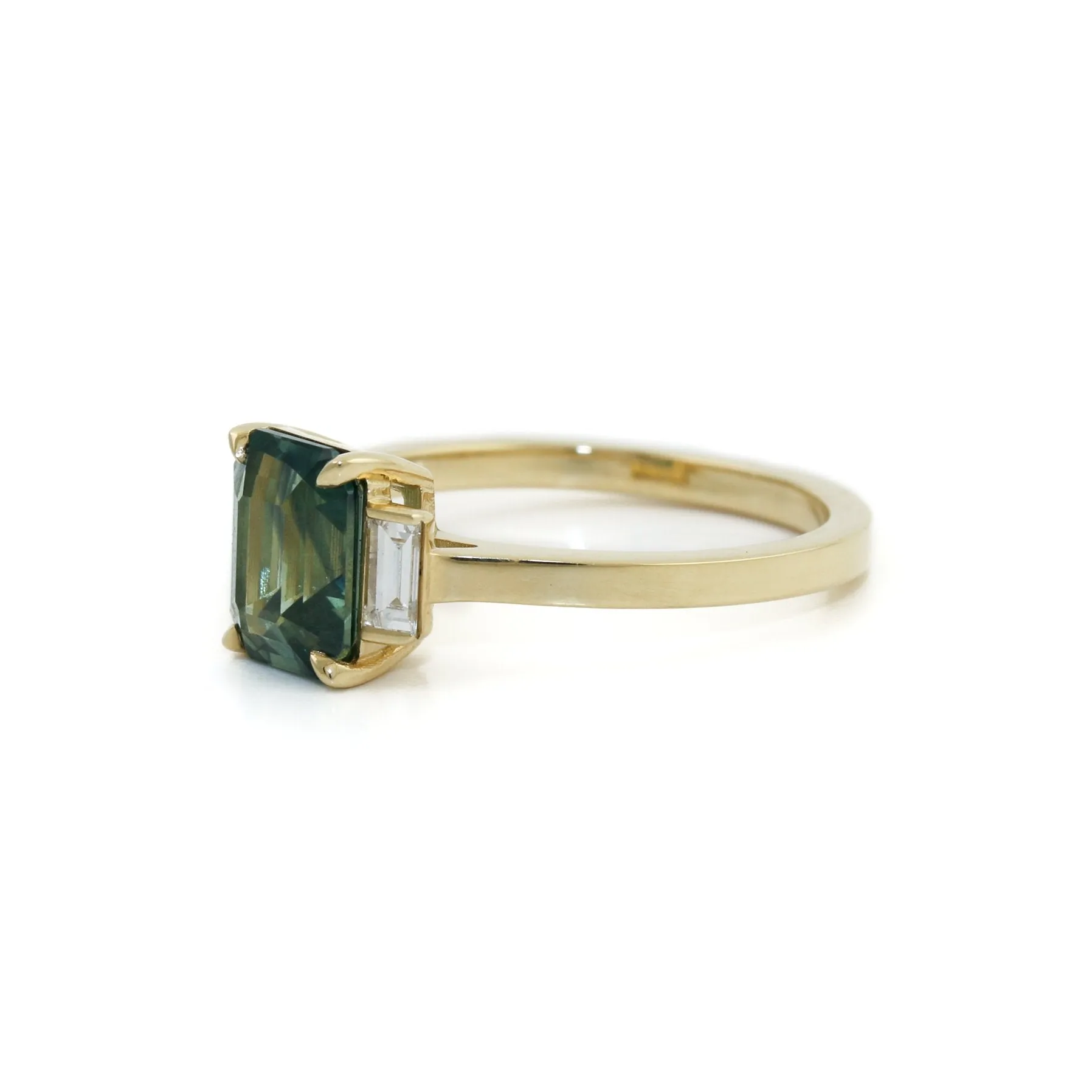 14k Gold x Teal Madagascan Sapphire & Baguette Diamond Ring