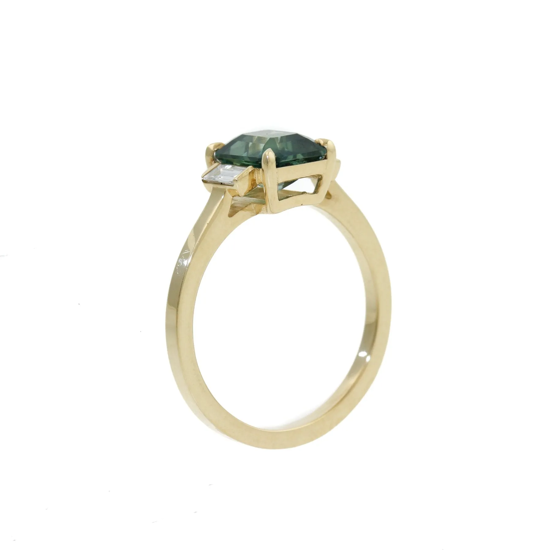 14k Gold x Teal Madagascan Sapphire & Baguette Diamond Ring