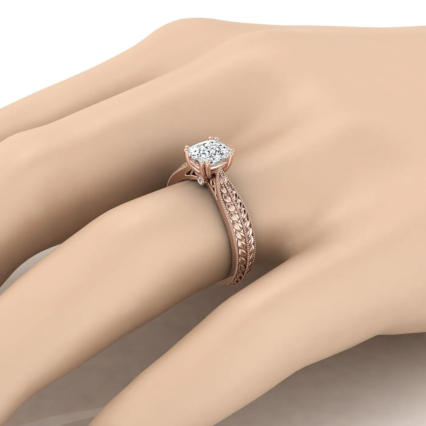 14K Rose Gold Cushion Antique Wheat and Bead Pinched Solitaire Engagement RIng