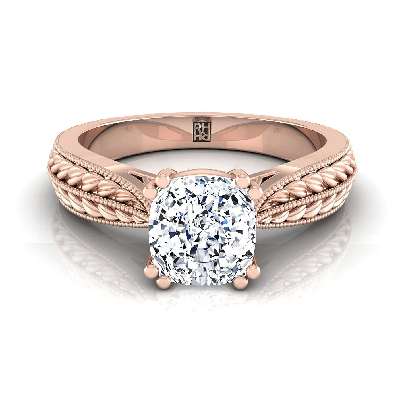 14K Rose Gold Cushion Antique Wheat and Bead Pinched Solitaire Engagement RIng