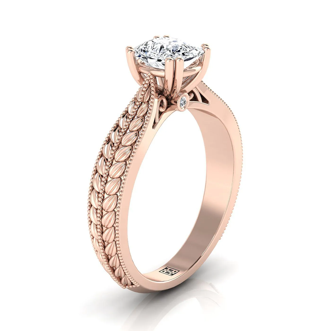14K Rose Gold Cushion Antique Wheat and Bead Pinched Solitaire Engagement RIng