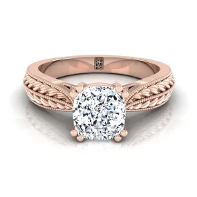 14K Rose Gold Cushion Antique Wheat and Bead Pinched Solitaire Engagement RIng