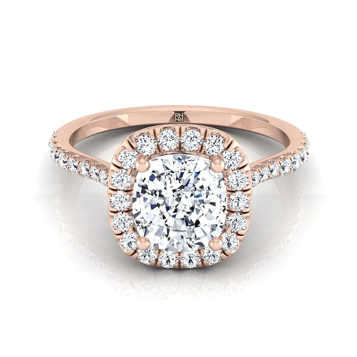 14K Rose Gold Cushion Diamond Shared Prong Halo Engagement Ring -3/8ctw