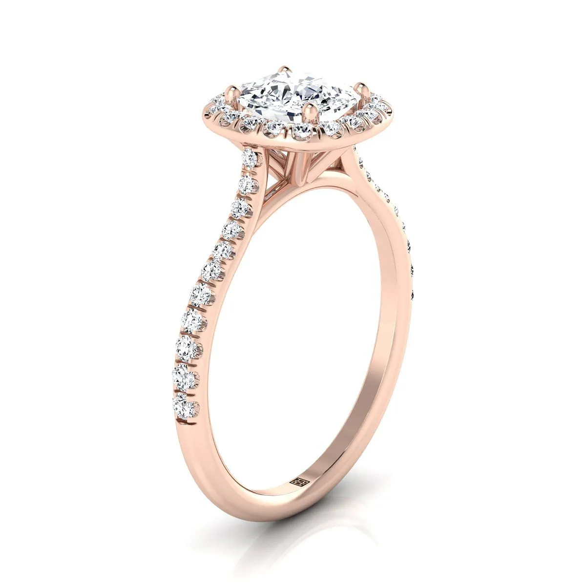 14K Rose Gold Cushion Diamond Shared Prong Halo Engagement Ring -3/8ctw