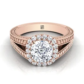 14K Rose Gold Cushion Vintage Inspired Wheat Split Shank Diamond Halo Engagement Ring
