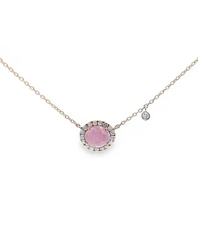 14K Rose Gold Diamond Necklace with One Oval Pink Sapphire