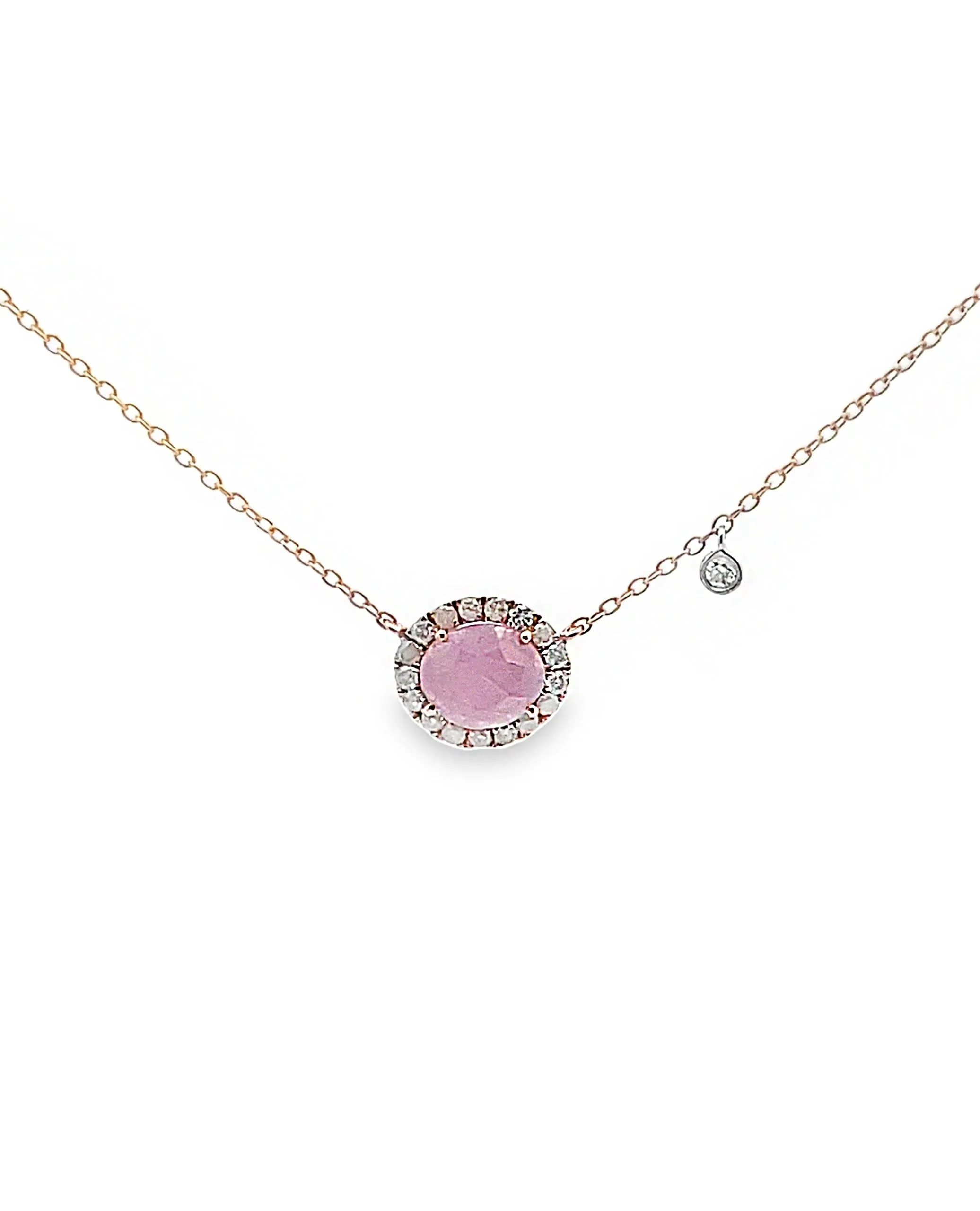 14K Rose Gold Diamond Necklace with One Oval Pink Sapphire