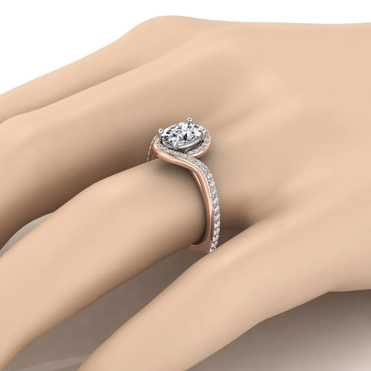 14K Rose Gold Oval Diamond Pave Halo Twist Swirl Engagement Ring -1/2ctw