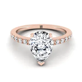14K Rose Gold Pear Shape Center Simple Linear Diamond Pave Engagement Ring -1/5ctw
