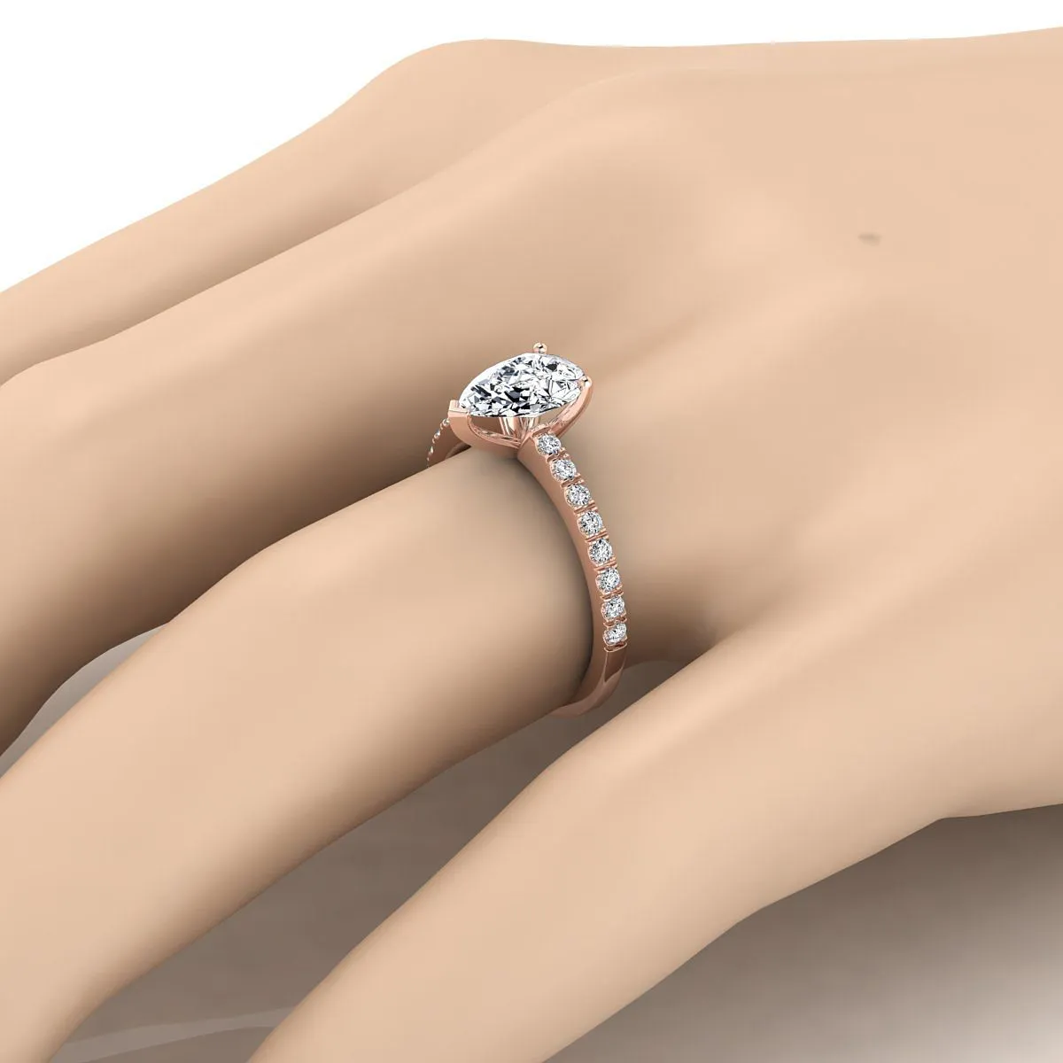 14K Rose Gold Pear Shape Center Simple Linear Diamond Pave Engagement Ring -1/5ctw