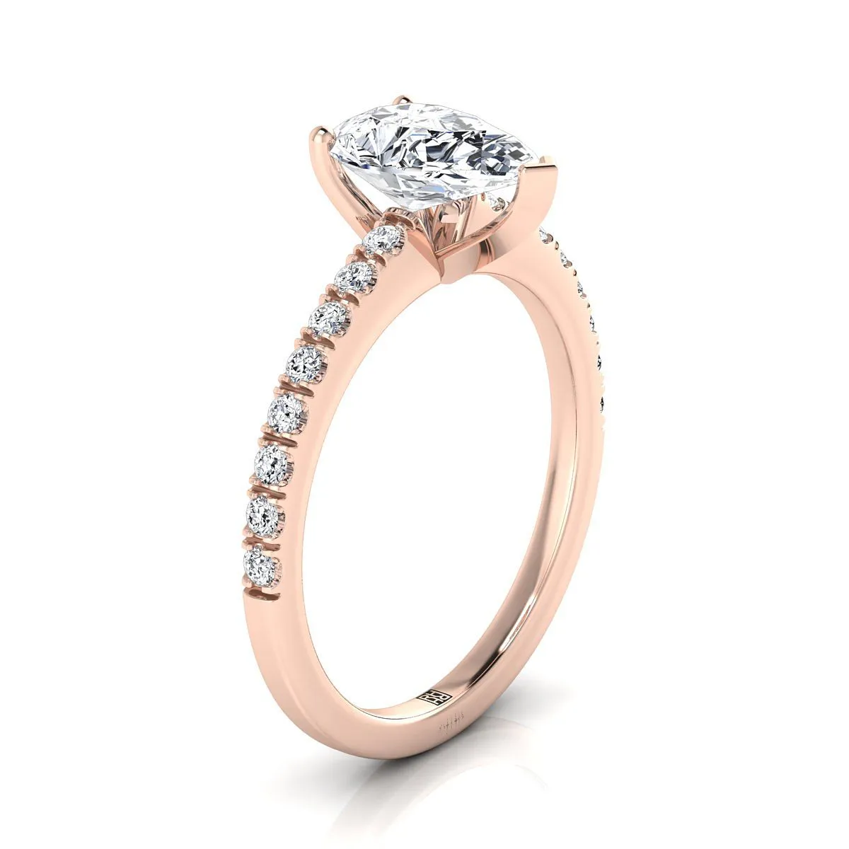 14K Rose Gold Pear Shape Center Simple Linear Diamond Pave Engagement Ring -1/5ctw