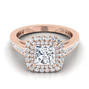 14K Rose Gold Princess Cut Diamond Double Halo Channel Side Engagement Ring -5/8ctw