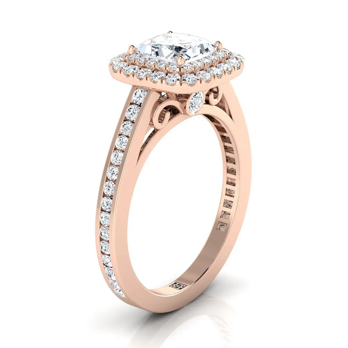 14K Rose Gold Princess Cut Diamond Double Halo Channel Side Engagement Ring -5/8ctw
