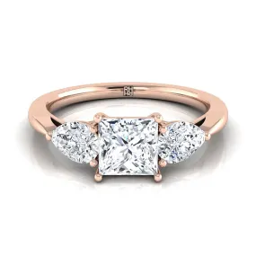 14K Rose Gold Princess Cut Diamond Perfectly Matched Pear Shaped Three Diamond Engagement Ring -7/8ctw