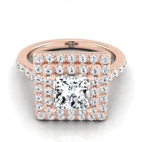 14K Rose Gold Princess Cut Double Pave Halo with Linear Diamond Engagement Ring -7/8ctw