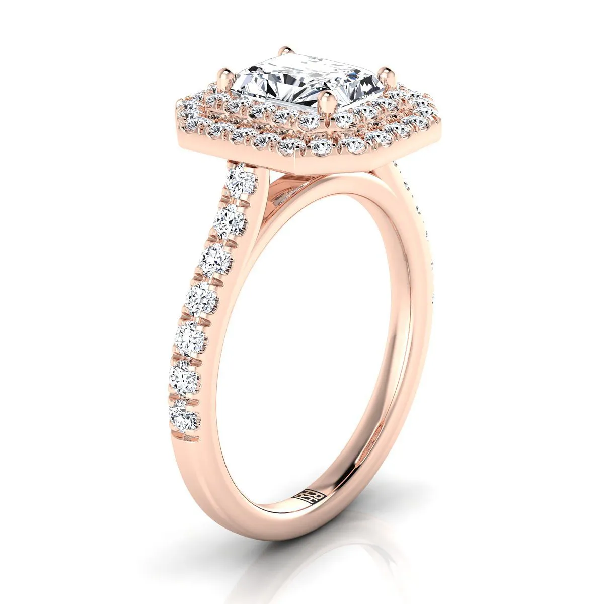 14K Rose Gold Radiant Cut Center Double Pave Halo with Linear Diamond Engagement Ring -7/8ctw