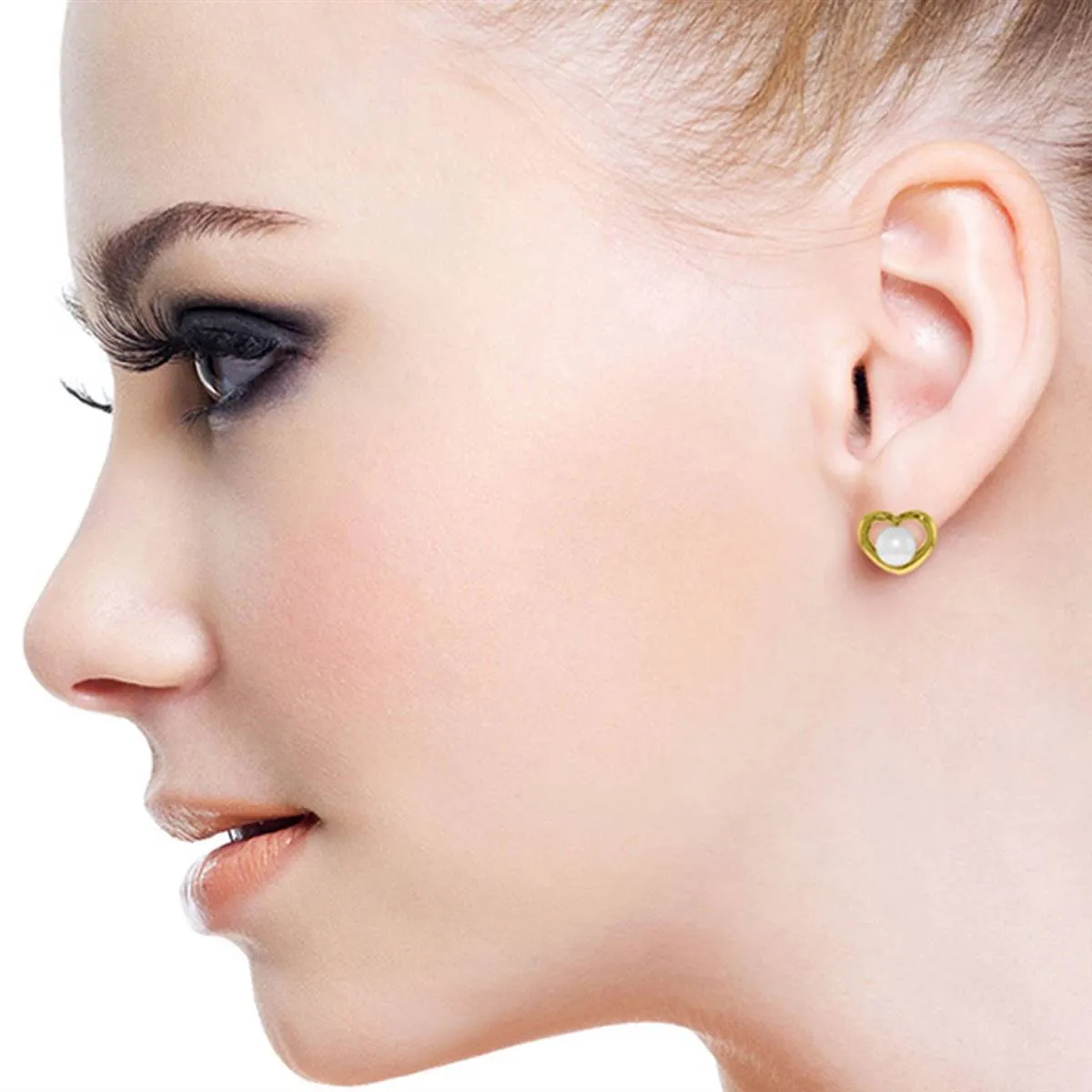 14K Solid Yellow Gold Heartstud Earrings w/ Natural Pearls