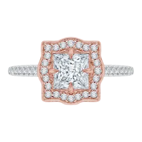 14K Two Tone Gold Princess Cut Diamond Halo Vintage Engagement Ring (Semi Mount)