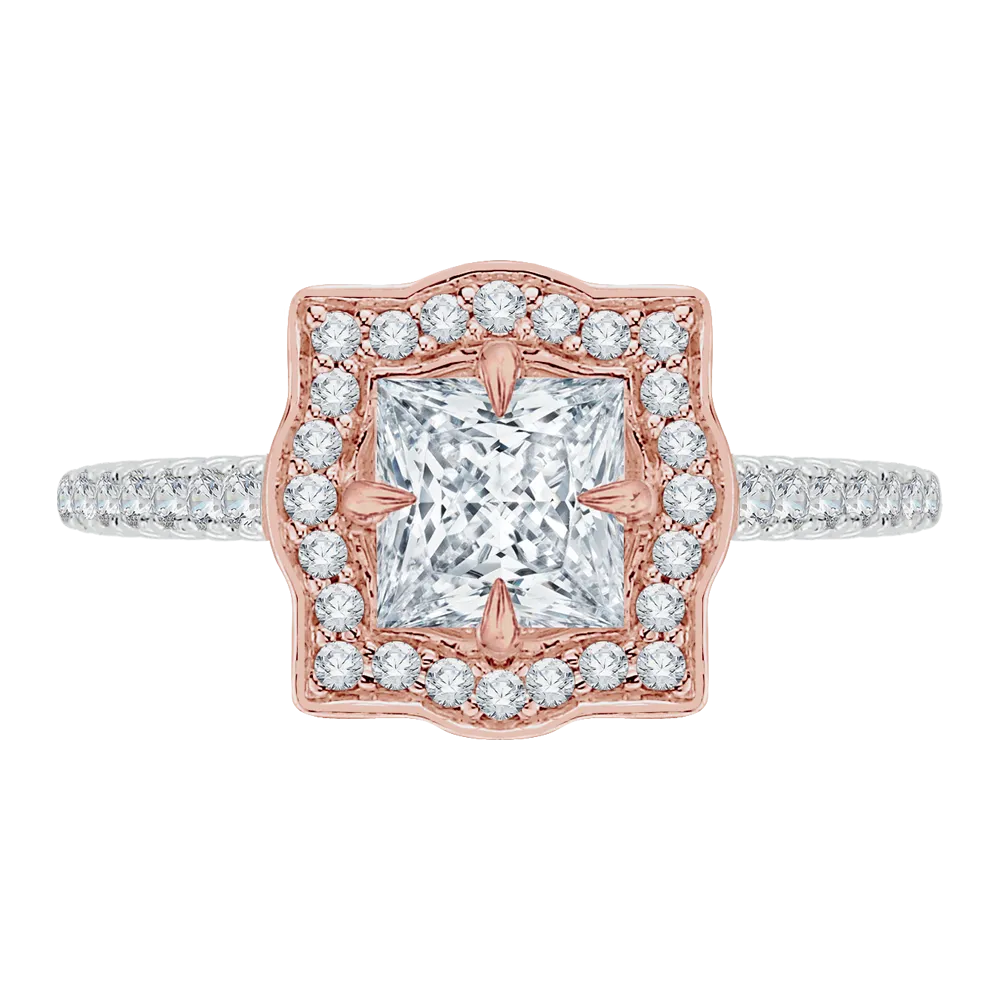 14K Two Tone Gold Princess Cut Diamond Halo Vintage Engagement Ring (Semi Mount)