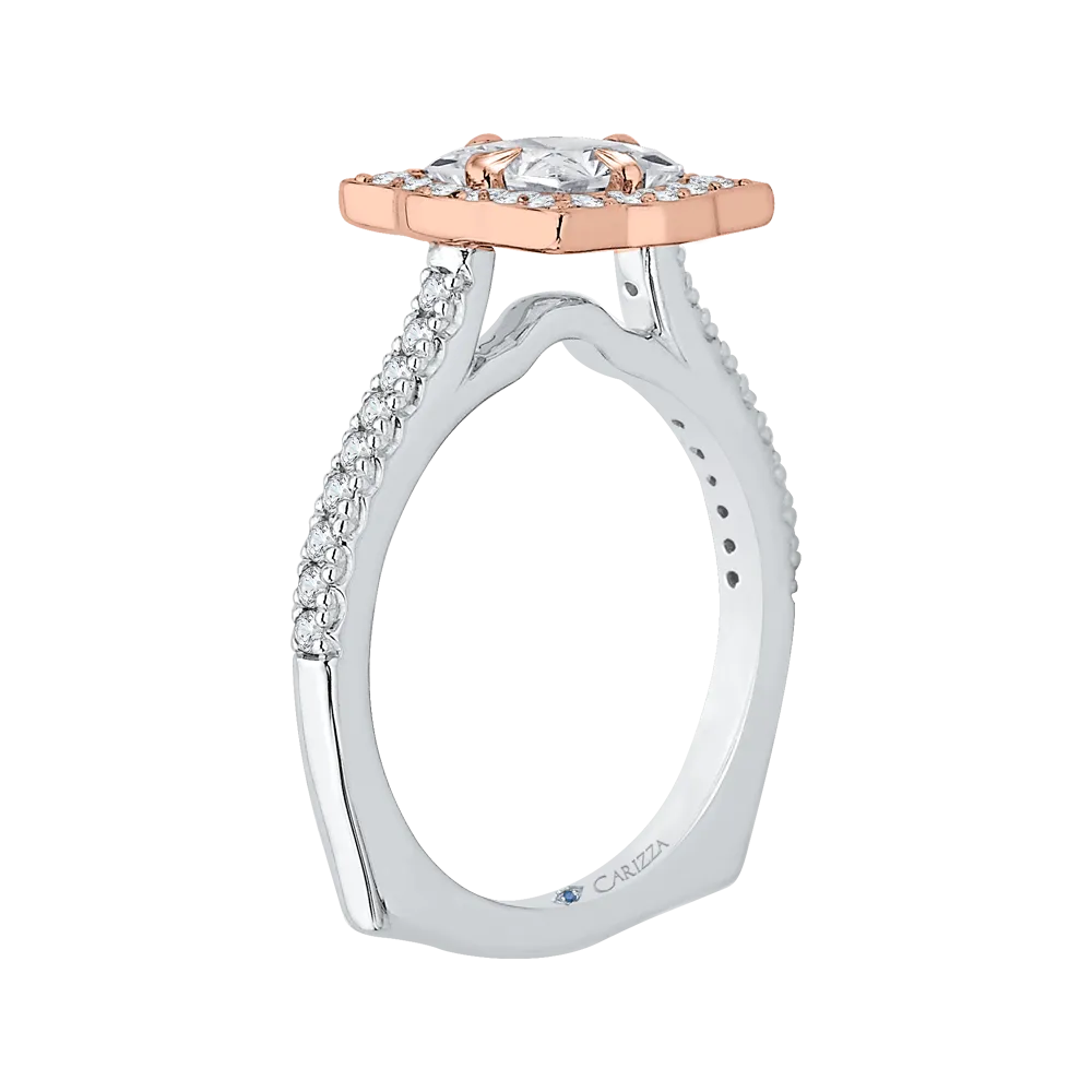 14K Two Tone Gold Princess Cut Diamond Halo Vintage Engagement Ring (Semi Mount)