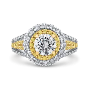 14K Two Tone Gold Round Diamond Double Halo Engagement Ring with Split Shank (Semi Mount)