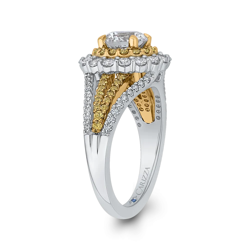14K Two Tone Gold Round Diamond Double Halo Engagement Ring with Split Shank (Semi Mount)