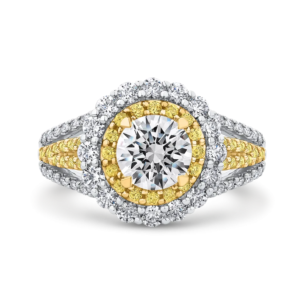 14K Two Tone Gold Round Diamond Double Halo Engagement Ring with Split Shank (Semi Mount)