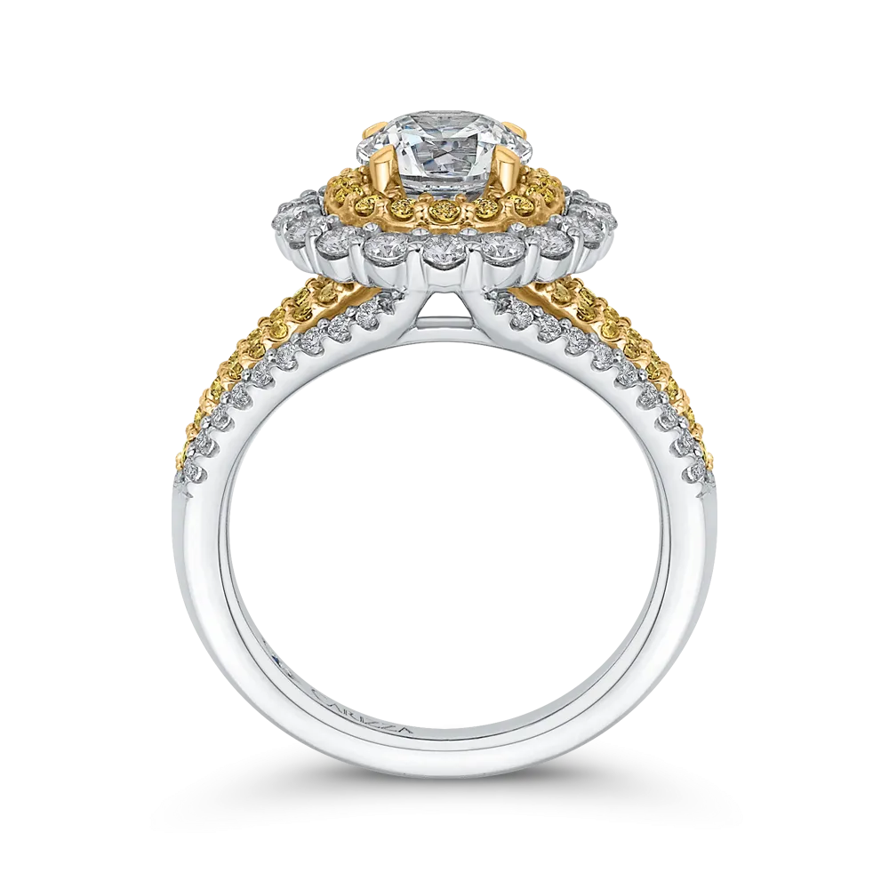 14K Two Tone Gold Round Diamond Double Halo Engagement Ring with Split Shank (Semi Mount)