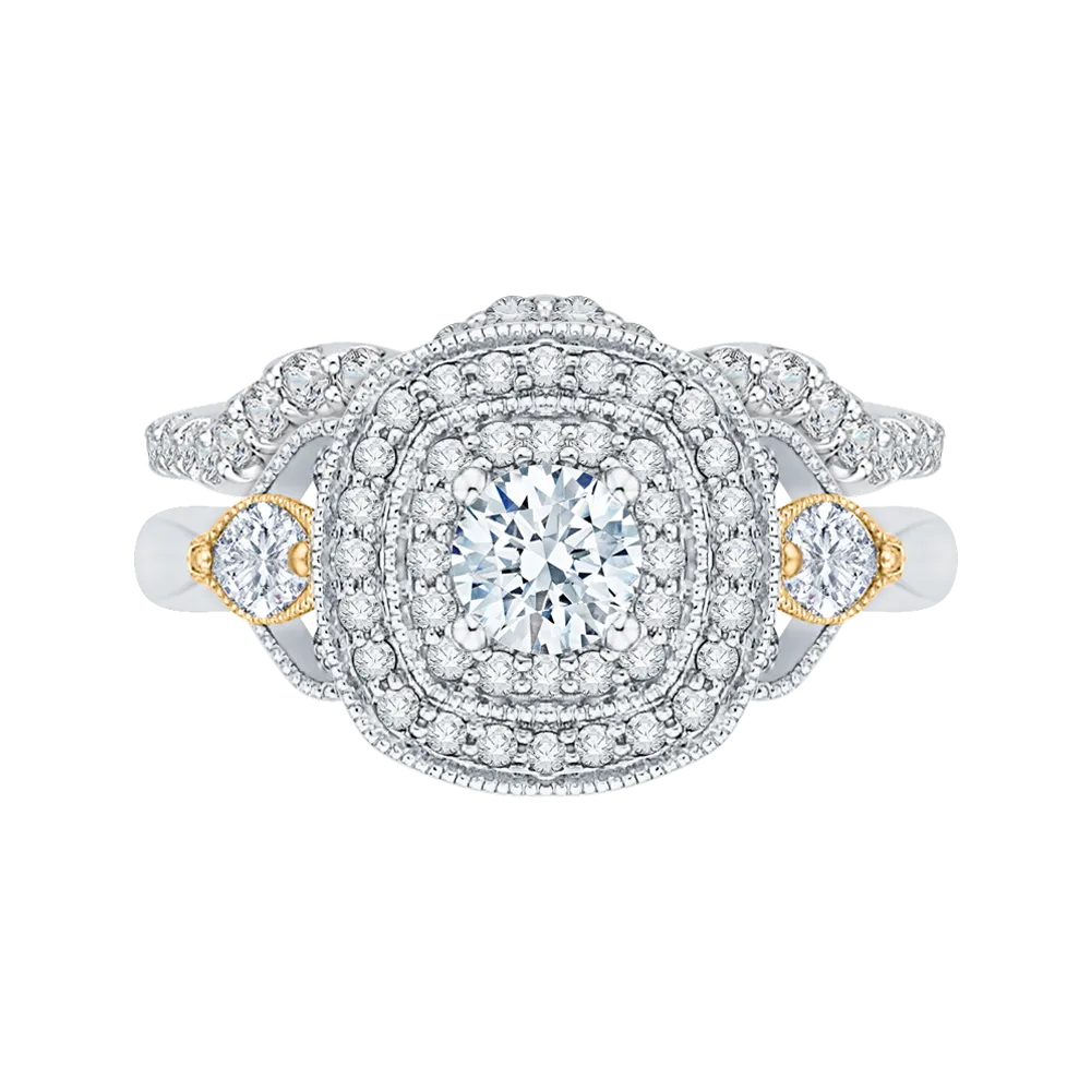 14K Two Tone Gold Round Diamond Double Halo Engagement Ring