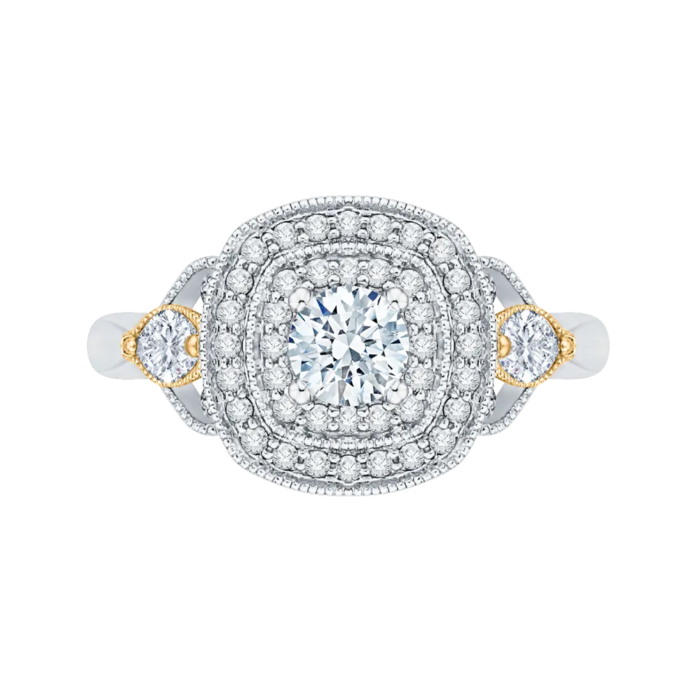 14K Two Tone Gold Round Diamond Double Halo Engagement Ring