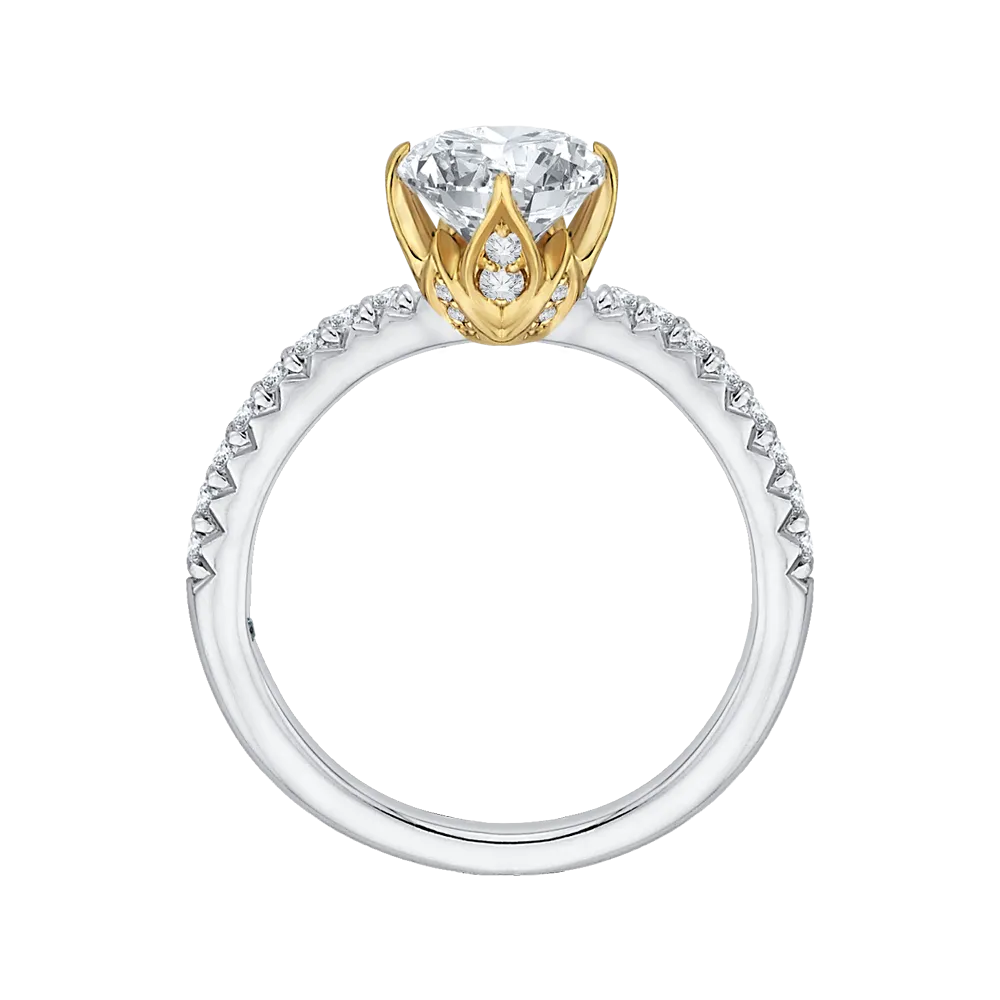 14K Two Tone Gold Round Diamond Floral Engagement Ring (Semi Mount)
