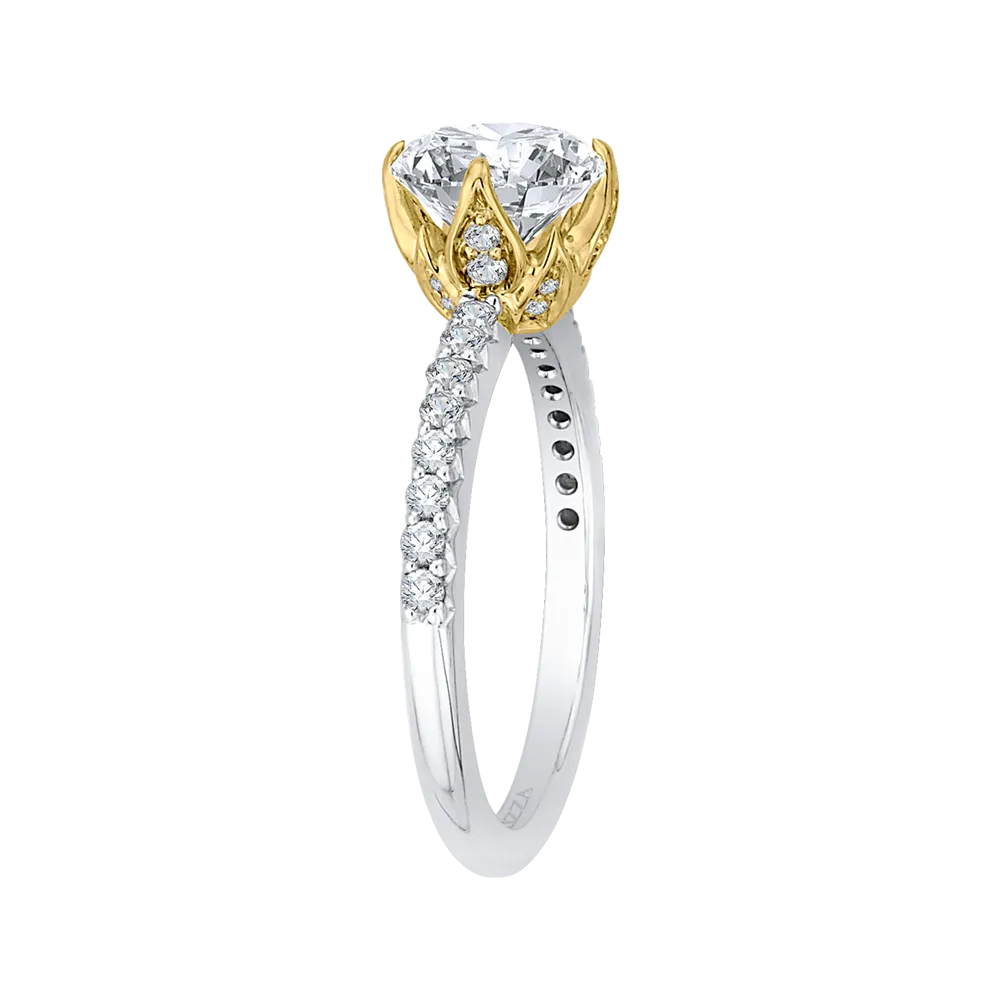 14K Two Tone Gold Round Diamond Floral Engagement Ring (Semi Mount)