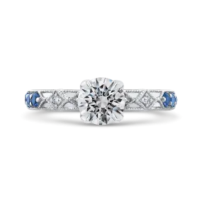 14K White Gold Round Diamond and Sapphire Engagement Ring (Semi Mount)