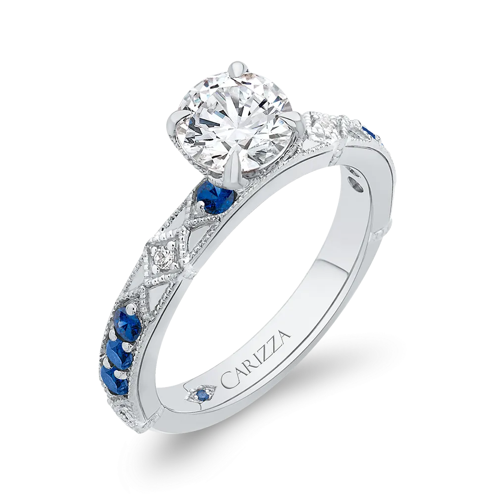 14K White Gold Round Diamond and Sapphire Engagement Ring (Semi Mount)