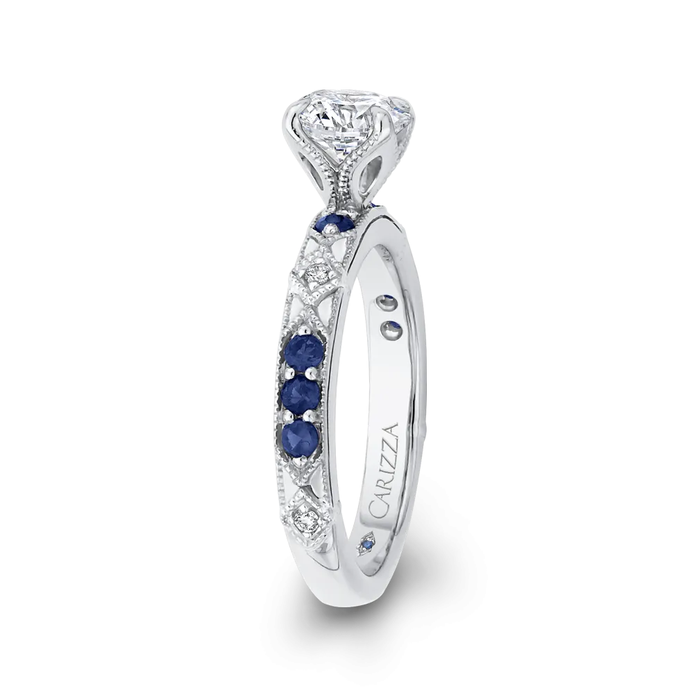 14K White Gold Round Diamond and Sapphire Engagement Ring (Semi Mount)