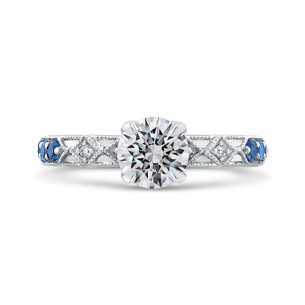 14K White Gold Round Diamond and Sapphire Engagement Ring (Semi Mount)